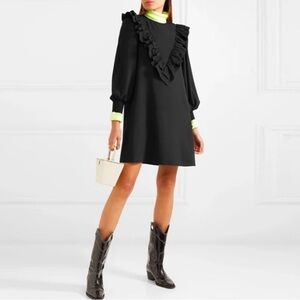 Ganni || Crepe Ruffle Mini Dress Long Sleeves Black 34 US 2